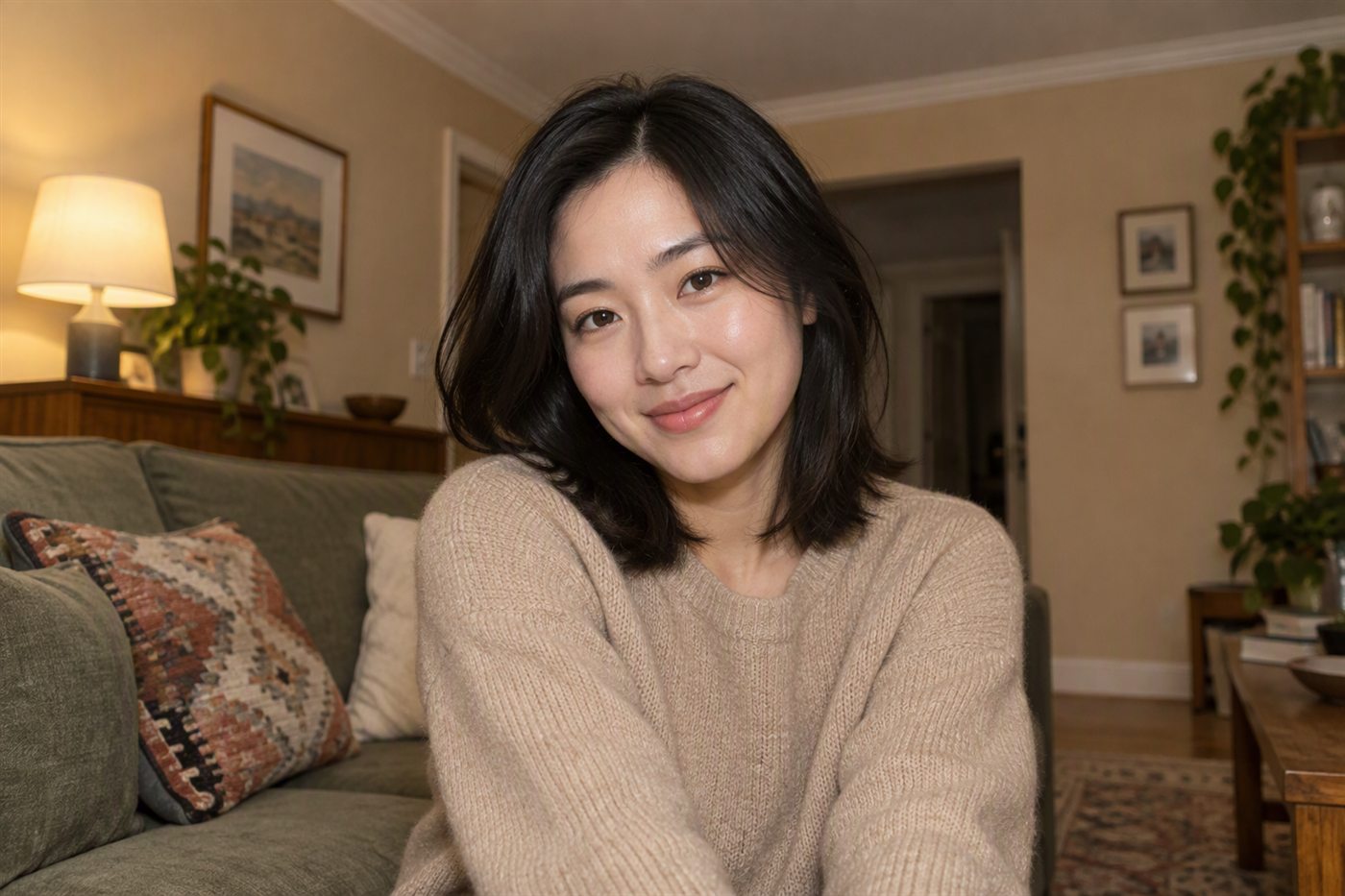 跳闪人像：客厅里的人物被天花板反射的柔和闪光照亮，没有生硬投影