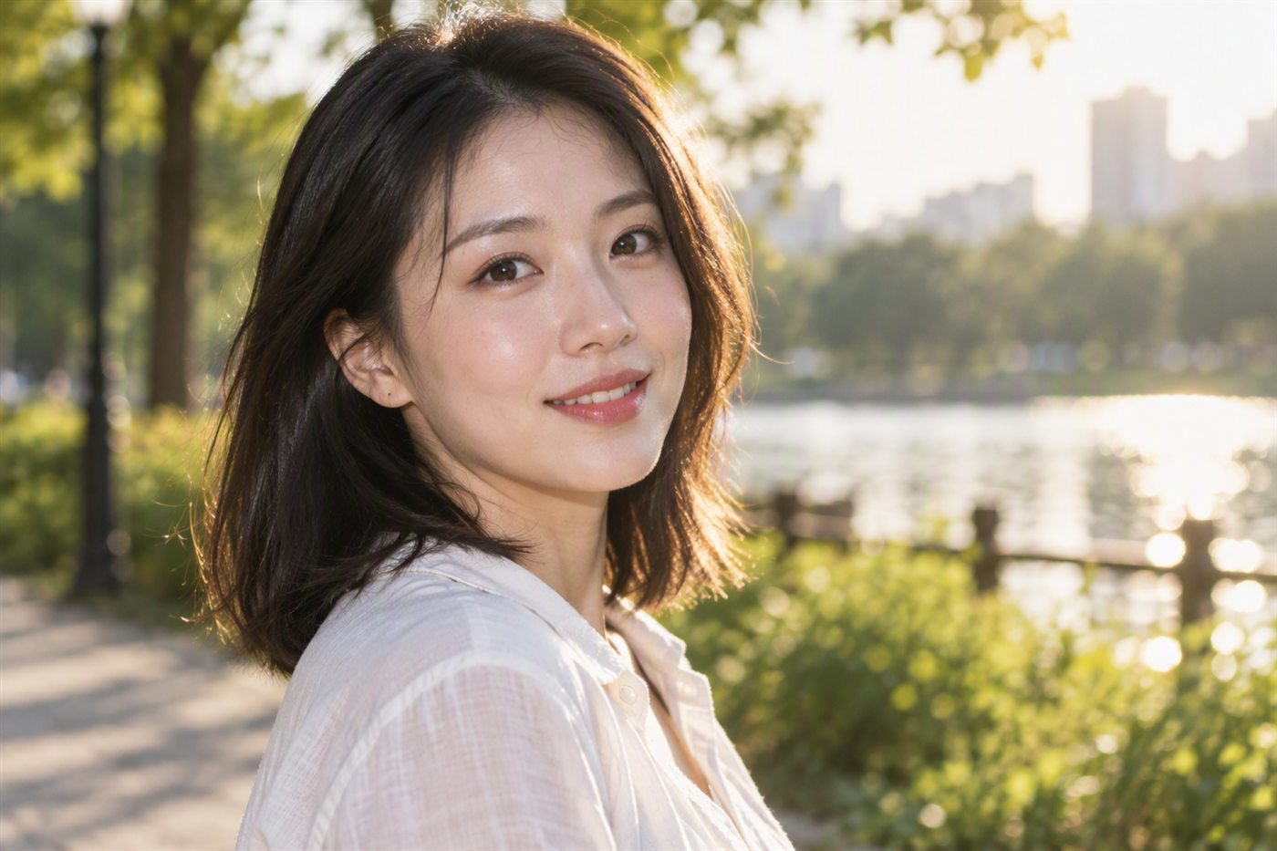 高速同步补光人像：明亮日光下人物脸部曝光均匀，背景虚化