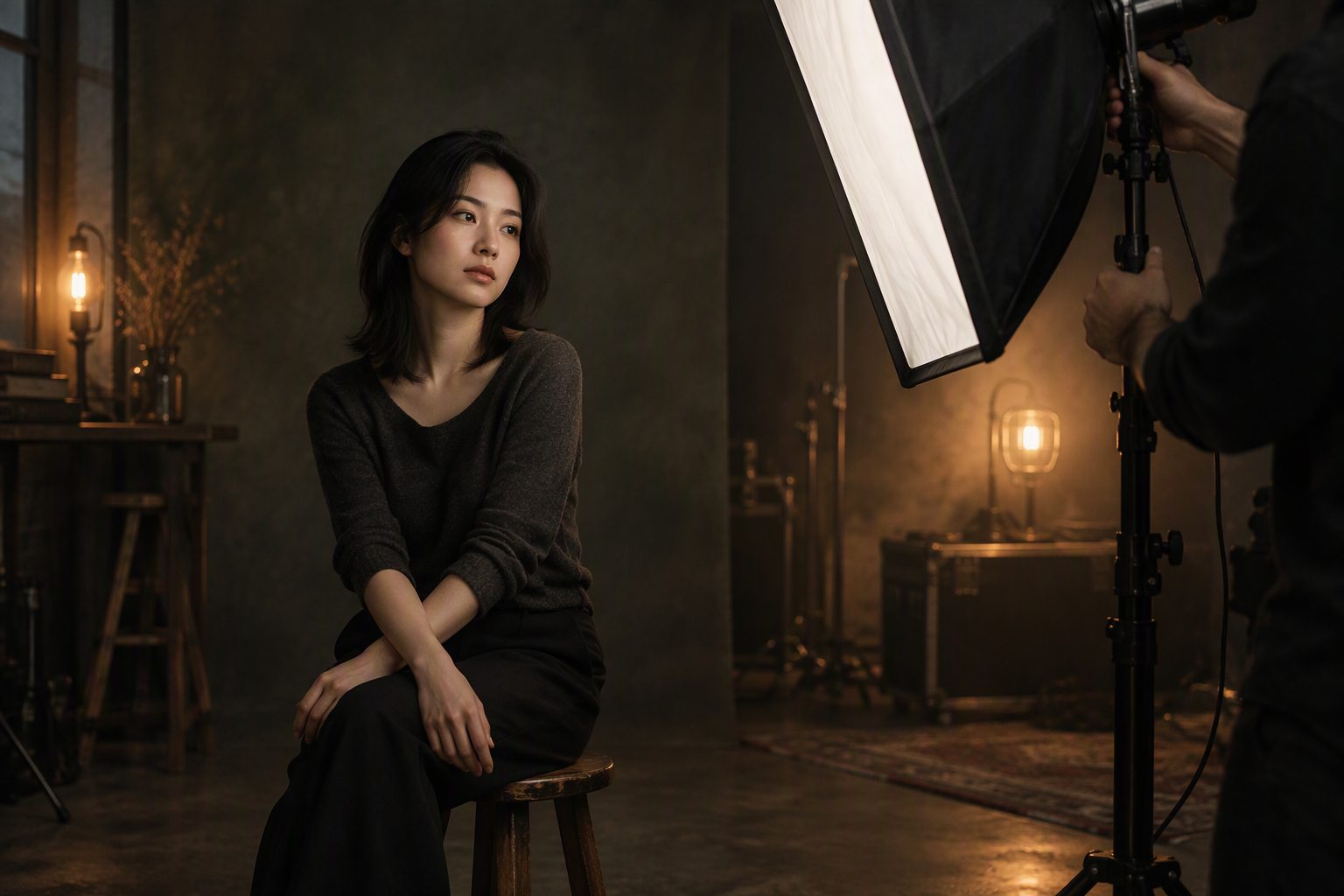 暗色影棚里，柔光箱前坐着一位短发女性，摄影师正在调整灯架