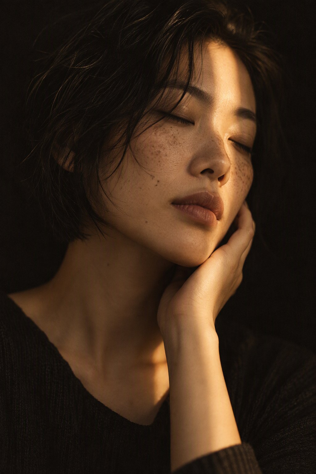 女性手扶下颌的近景人像，暖光扫过面部