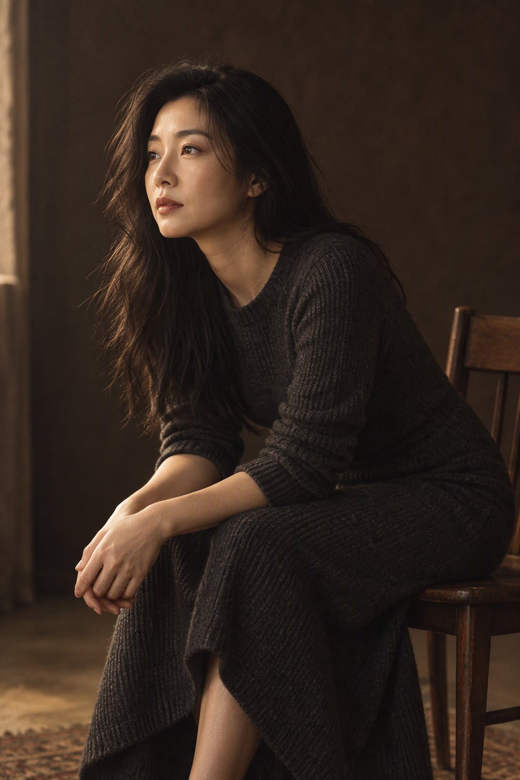 坐在椅子上的女性，视线看向画面左侧