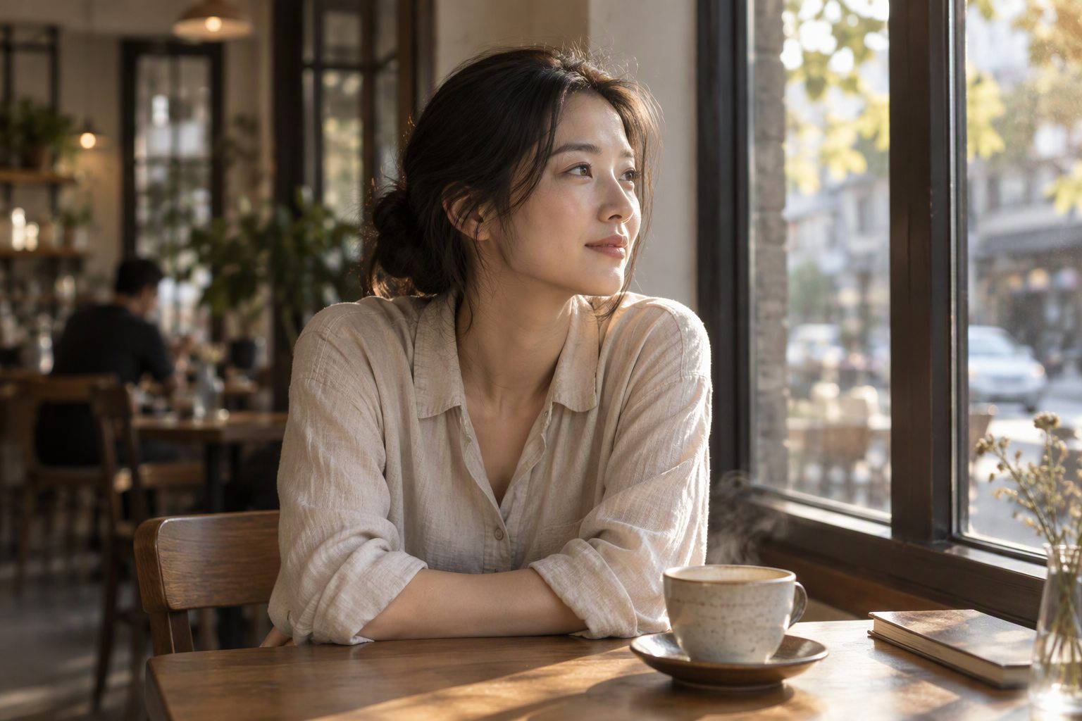 咖啡馆窗边实拍：穿亚麻衬衫的女性坐在桌前看向窗外