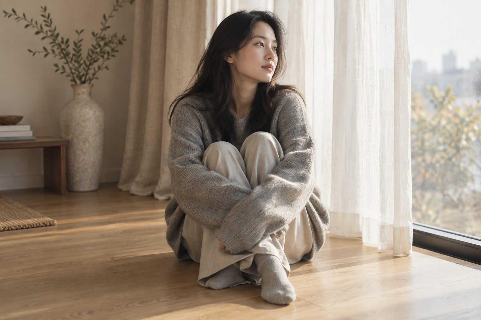 居家窗边实拍：穿灰色针织衫的女性坐在地板上看向窗外