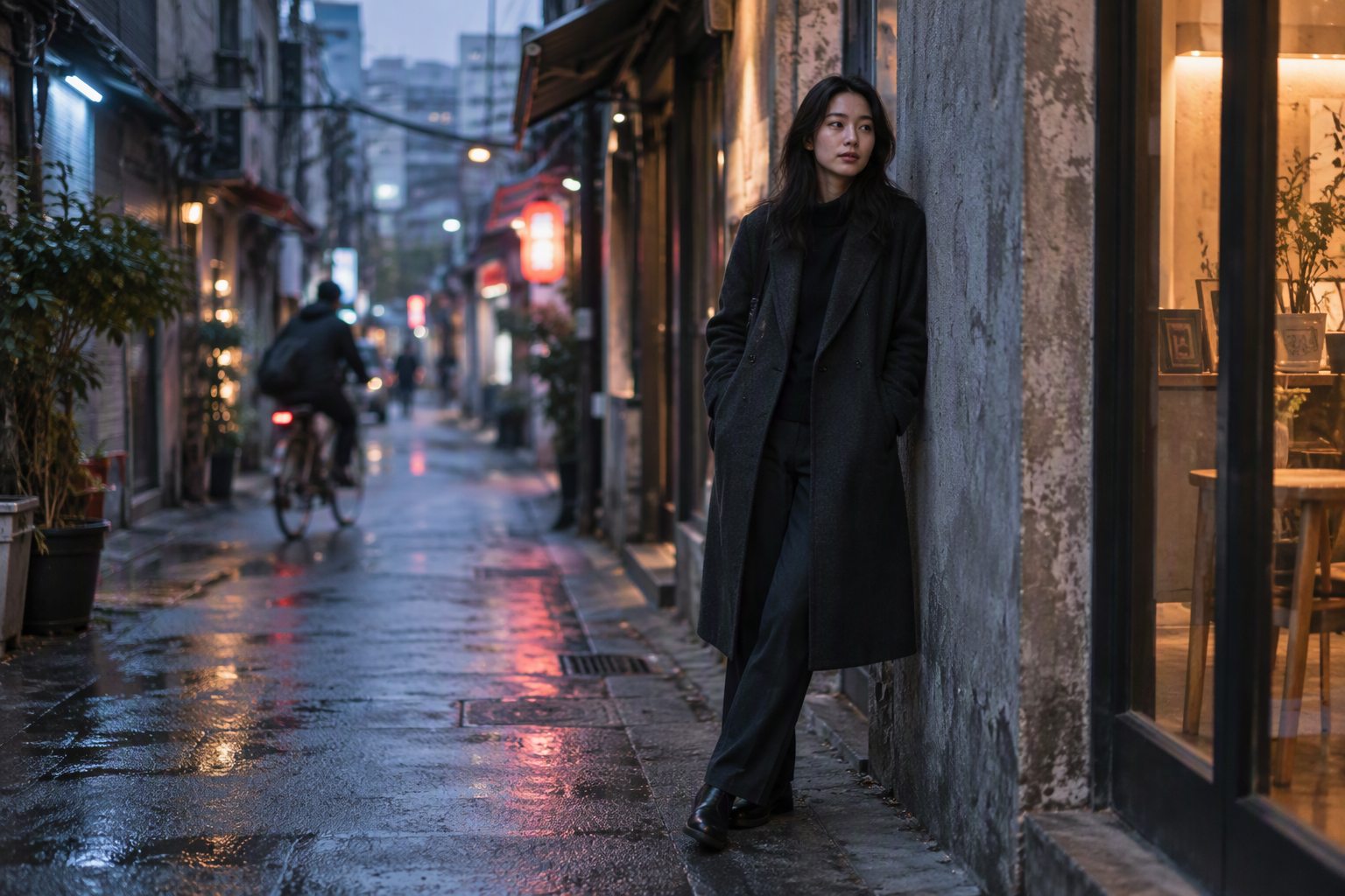 城市街巷蓝调时刻实拍：穿深色大衣的女性靠在墙边